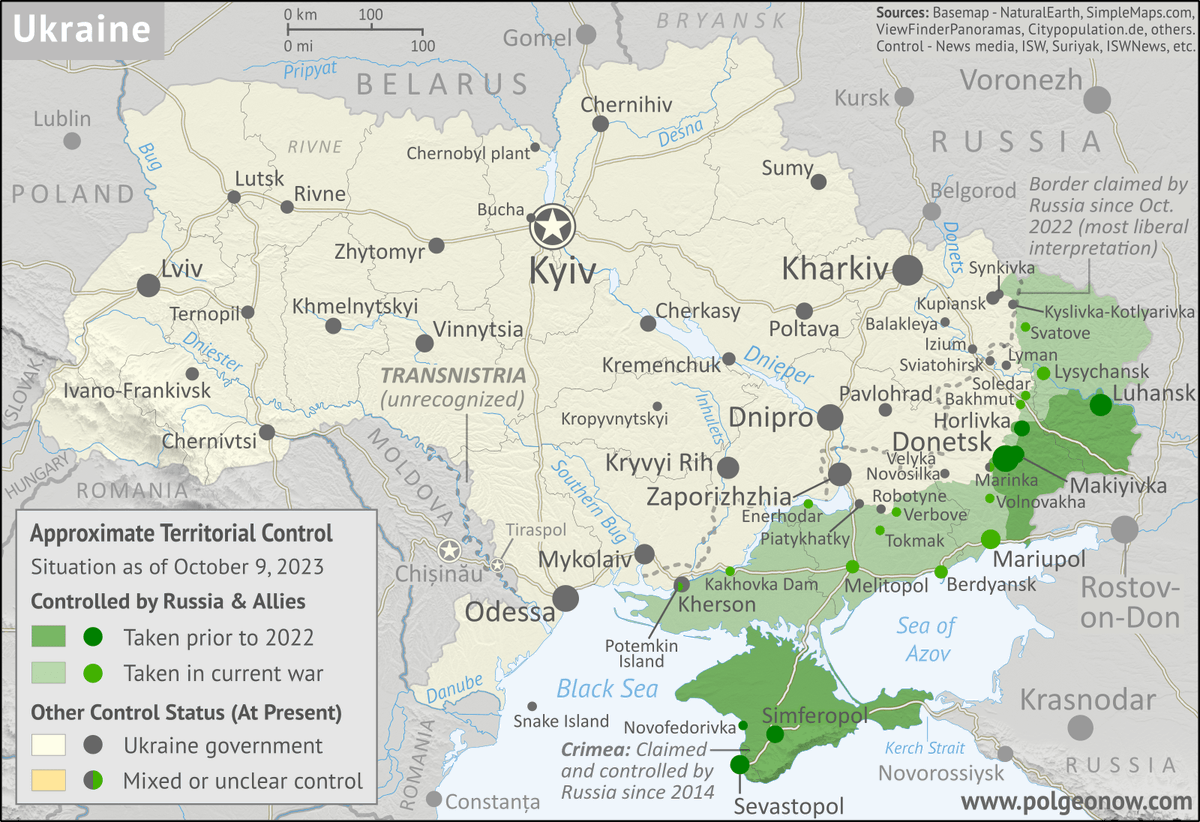 PolGeoNow's tweet photo. Getting caught up with our series of overview #map reports on the #Ukraine war. This Oct 2023 edition is free for all readers: https://t.co/RzOHCJ1LYr #conflictmapping #conflicttracking #conflictmap #OSINT #controlmap #geography #geographyteacher https://t.co/n8qOR8nAPS