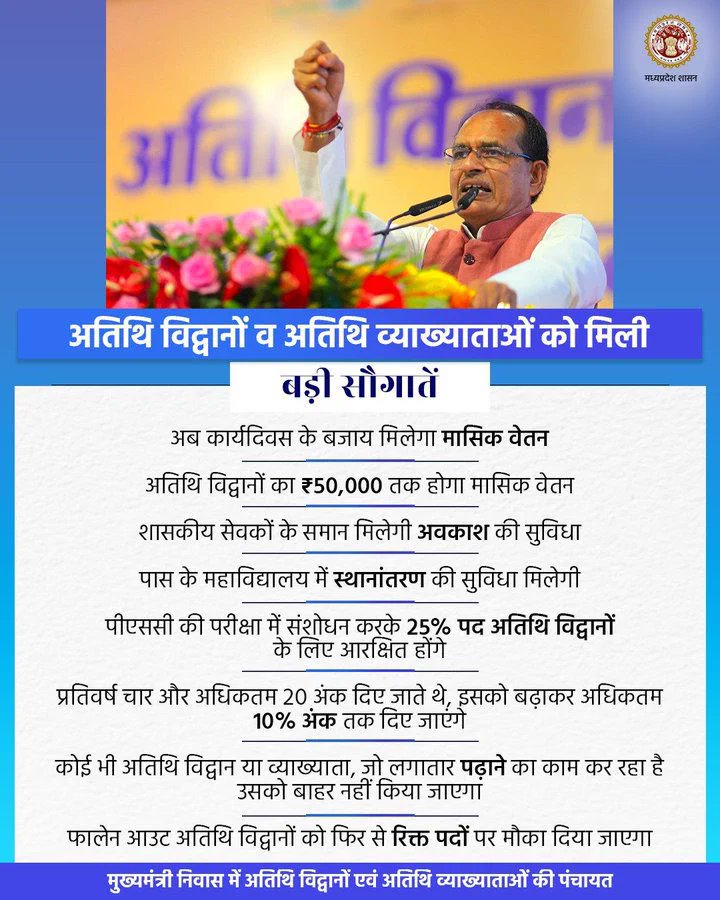 अब तक हासिये पे रहे अतिथि विद्वानों को  मुख्यधारा में जोड़ने के लिए जो माननीय <a href="/ChouhanShivraj/">Shivraj Singh Chouhan</a> जी ने ऐतिहासिक क़दम उठाये थे उन्हें वर्तमान <a href="/BJP4MP/">BJP Madhya Pradesh</a> सरकार ने प्राथमिकता से पूरा करना चाहिए <a href="/INCMP/">MP Congress</a> <a href="/DrMohanYadav51/">Dr Mohan Yadav</a> <a href="/Indersinghsjp/">इन्दरसिंह परमार</a> <a href="/ZeeMPCG/">Zee MP-Chhattisgarh</a> <a href="/jitupatwari/">Jitendra (Jitu) Patwari</a> <a href="/highereduminmp/">Higher Education Department, MP</a> <a href="/OfficeOfKNath/">Kamal Nath</a>