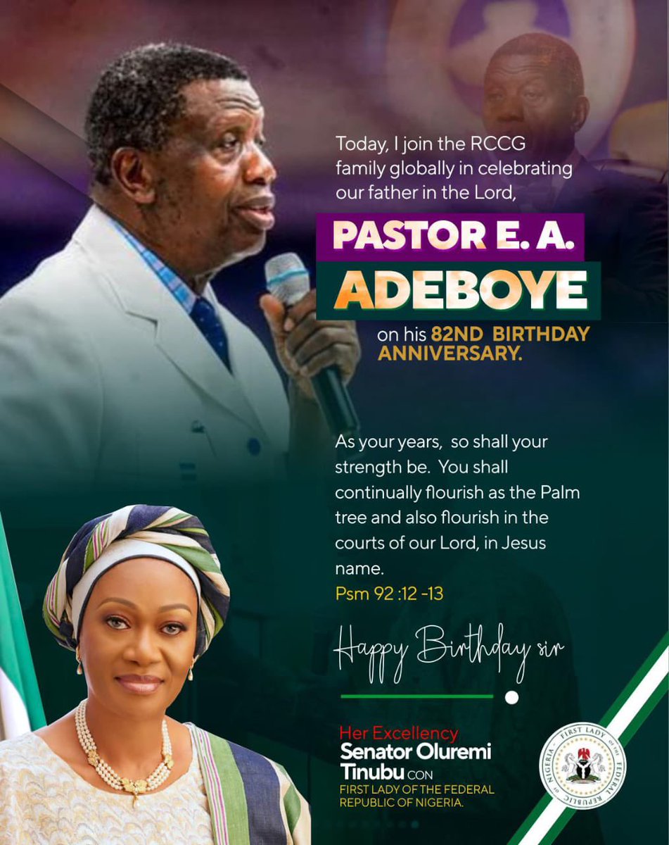 Today, I join the RCCG family globally in celebrating our father in the Lord, Pastor E A Adeboye on his 82nd birthday anniversary. As your years, so shall your strength be. You shall continually flourish as the Palm tree and also flourish in the courts of our Lord, in Jesus…