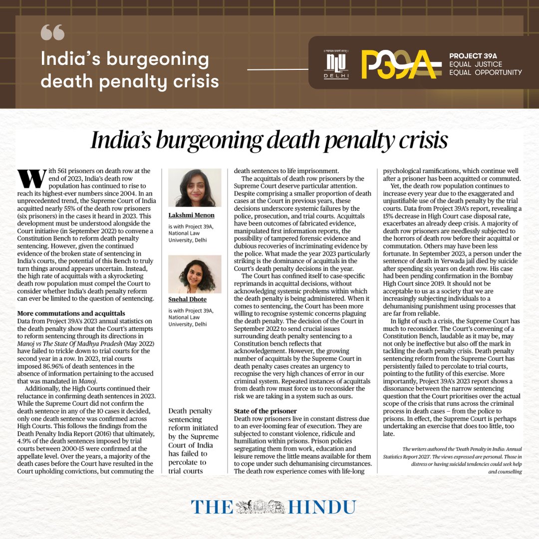 The #SupremeCourtofIndia will attempt to resolve India's death penalty problems by reforming sentencing. But acquittals dominated death penalty cases in 2023, indicating a deeper crisis. P39A's Snehal Dhote and @m_lakshh write for @thehindu 👇