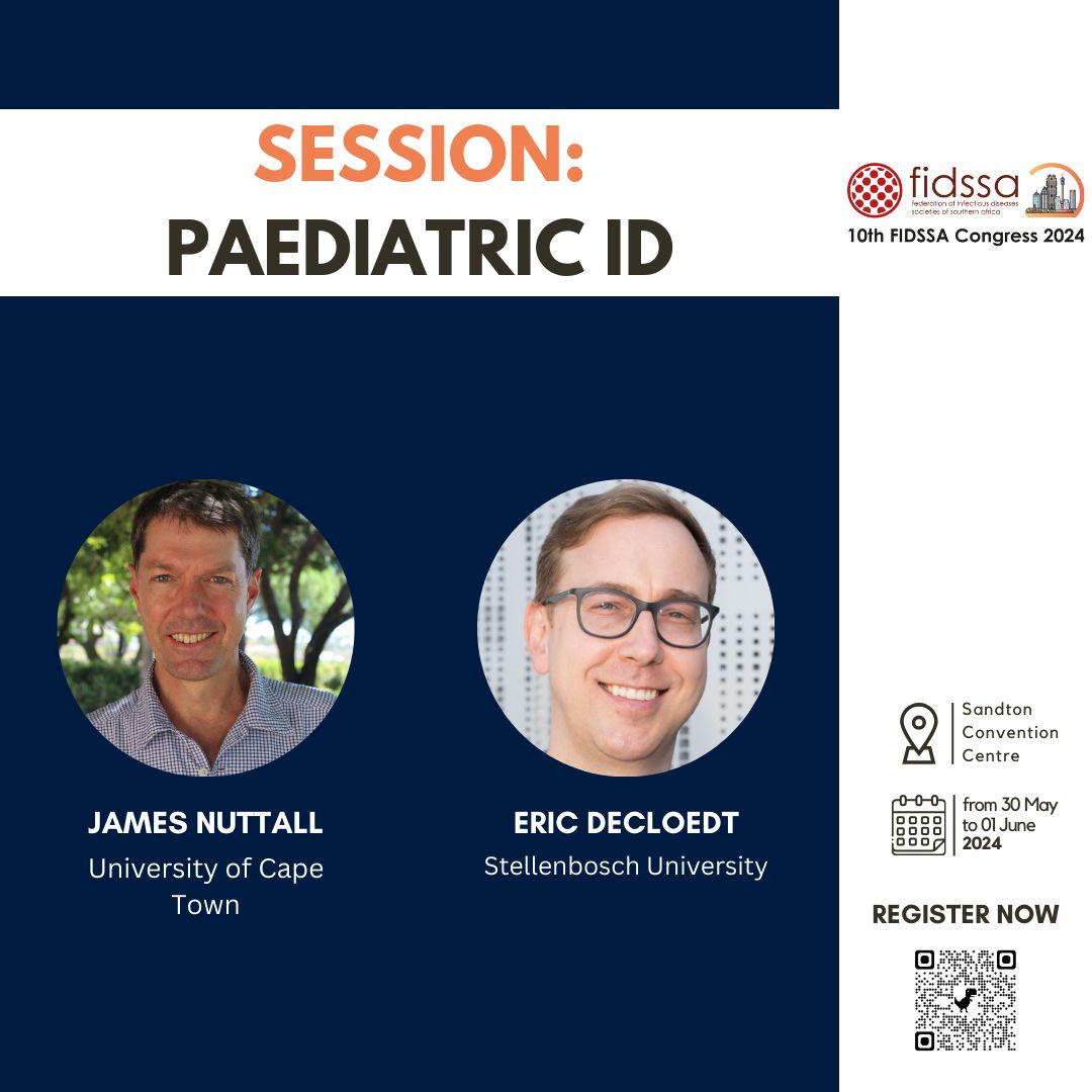 #FIDSSA2024 - session on #PaediatricID James Nuttall, @eric_decloedt 👶 🦠 🎤 Update on malaria prophylaxis in children 🎤 Therapeutic drug monitoring 🎤 Approaches to inborn errors of immunity in a LMIC setting SANDTON l 30 MAY – 01 JUNE Register here! buff.ly/4adGpUL