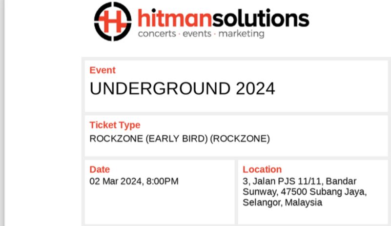 Salam. WTS 2 Tiket Rockzone for event Konsert Underground 2024 RM130 each. Tak dpt hadir atas urusan kerja