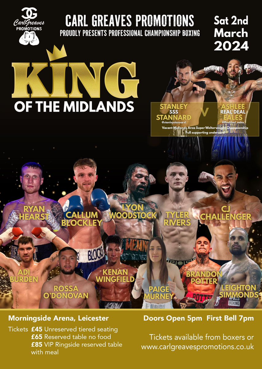 CarlGreavesPro's tweet photo. FIGHTNIGHT 🥊
@LeicesterArena first 🔔 7pm
11 fights
2 title fights
@MidlandsBBBofC Area super welterweight title
#StannardvEales
English Welterweight title eliminator
#BlockleyvQuinn
#Potter
#ODonovan
#Simmonds
#Wingfield
#Murney
#Rivers
#Challenger
#Hearst
#Woodstock https://t.co/3ufMBSTNne