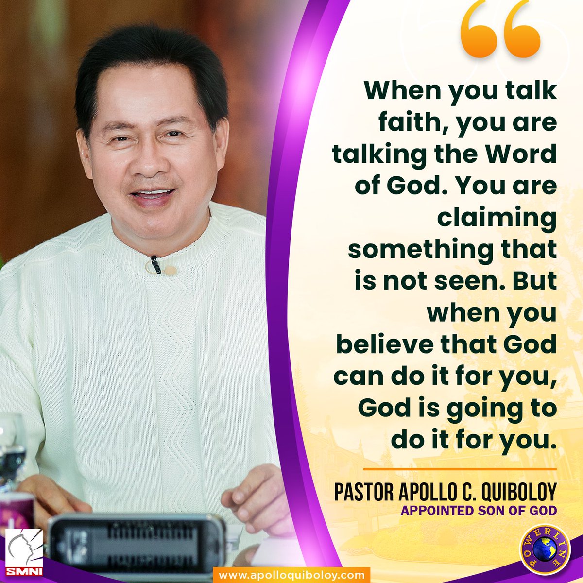 PastorACQ's tweet photo. When you talk faith, you are talking the Word of God. You are claiming something that is not seen.

But when you believe that God can do it for you, God is going to do it for you.

#ApolloQuiboloy #KingdomofJesusChrist #WordsoftheSon #Quotes #Inspirational #Motivational #Faith https://t.co/hxHeIlZLUO