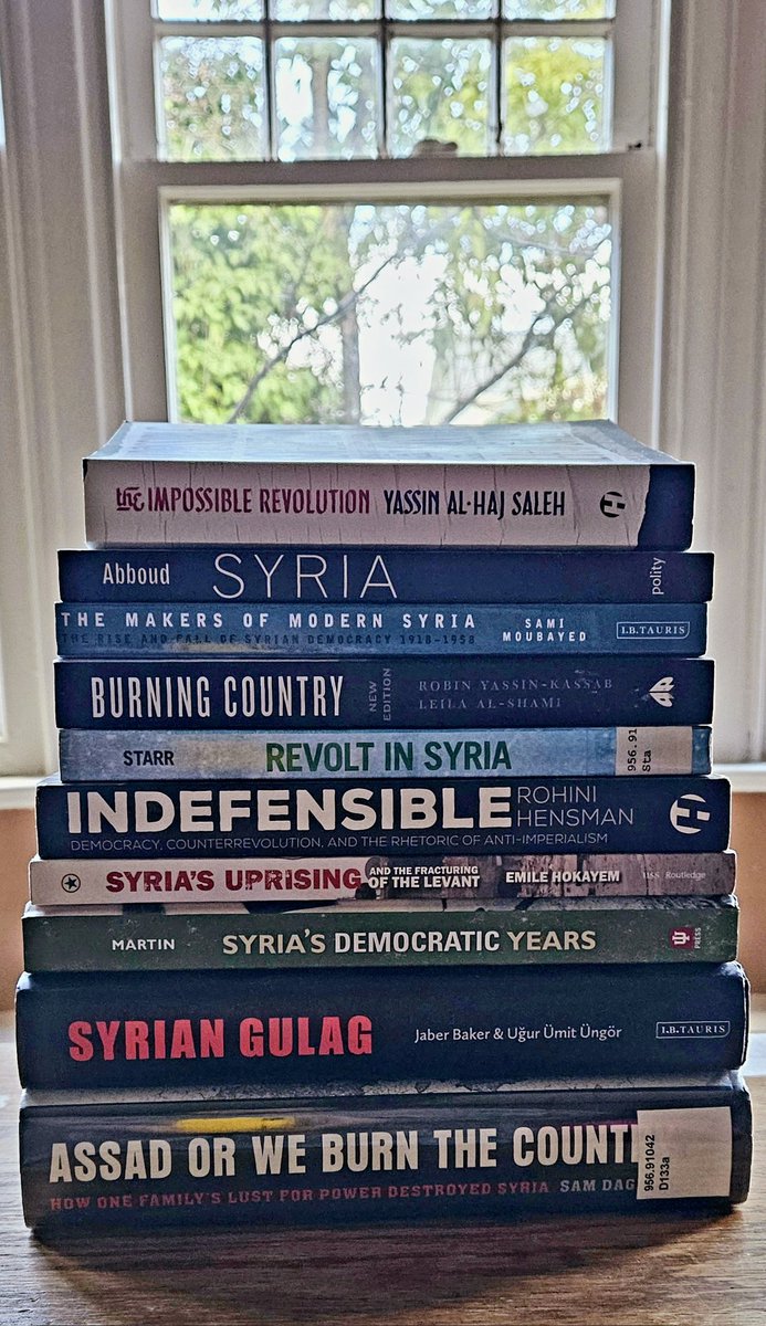 📚 These are the books I have in my home library on Syria — re: their early democracy, the Revolution, & the violence which unfolded there. I've read at least 1/4 of every book, and have finished reading 5 out of 10 of them so far. Would confidently recommend all 5 of those books