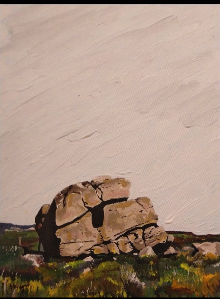 LaikaTone's tweet photo. My painting of the Hitching Stone. It sits on Keighley Moor. It has a hole (chair) in the side and a bath on top.  It used to be on Ilkley Moor but it spoiled a witches view so she flicked it with her broom and it landed here but that was before my time. @the_stone_club https://t.co/uQmeaDd9pU