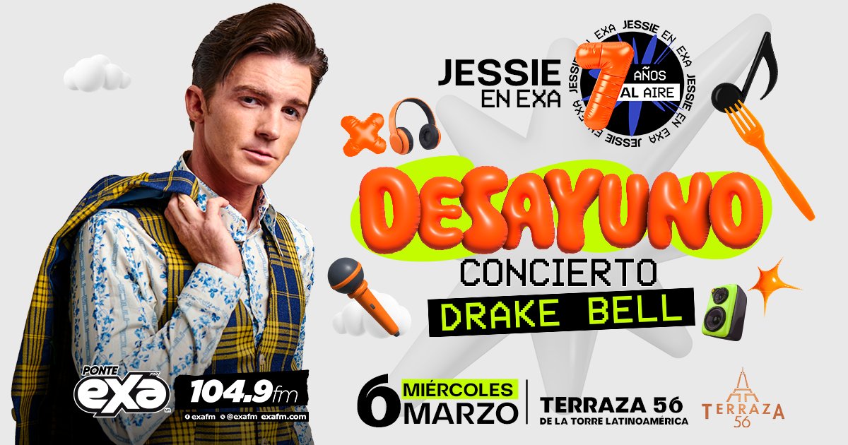 ExaFM's tweet photo. #JessieEnExa está por cumplir 7 años al aire y lo vamos a celebrar en grande con un programón. 🙌
Prepárate para disfrutar la música de @DrakeBell totalmente en vivo en esta fiesta, desde la @terraza56mx ���🎶
Muy pendiente a nuestras dinámicas por accesos
@jessiecervantes https://t.co/j6NDSxsyql