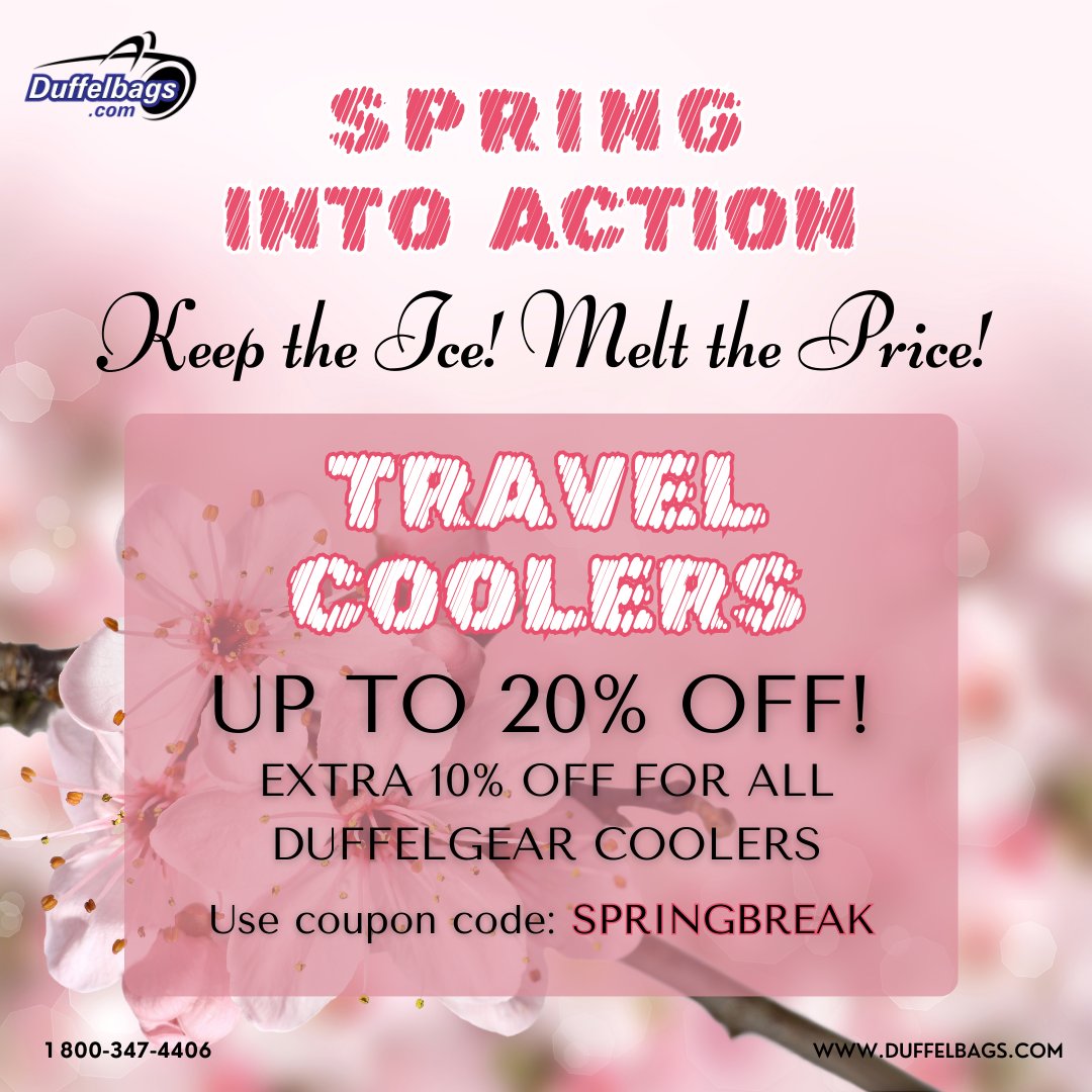 DuffelbagsC's tweet photo. Spring into action with our Travel Cooler Sale! 🌷❄️ Enjoy 10% OFF on your favorite coolers using code SPRINGBREAK. Keep your adventures cool and refreshing! 🌞✈️ 
https://t.co/AXywFRK6GB
#SpringIntoAction #CoolerSale #AdventureAwaits https://t.co/xqm2WNymdp
