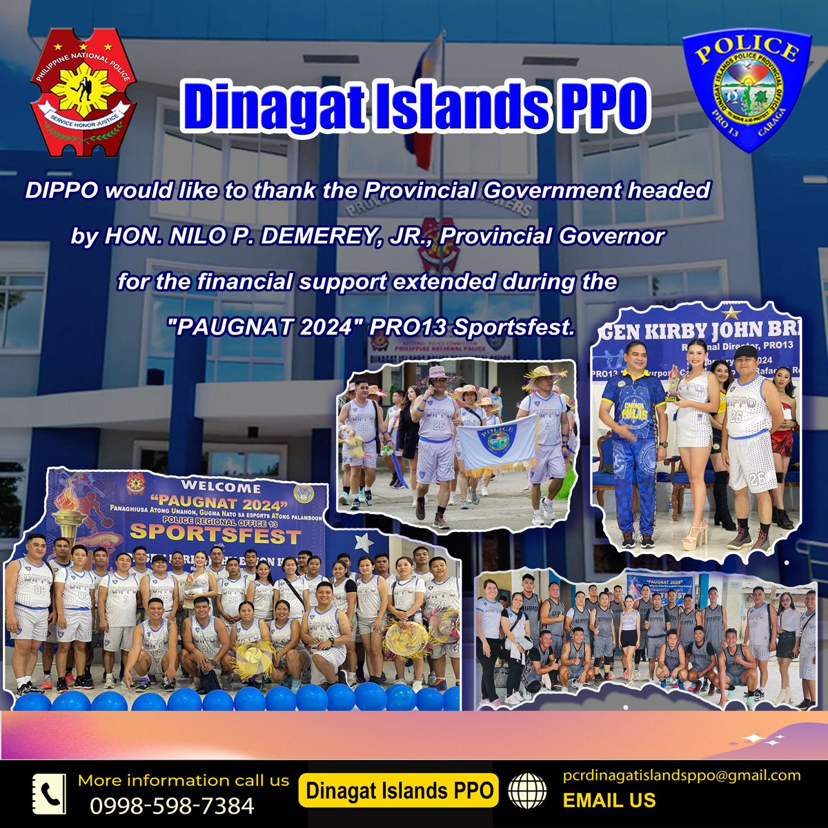 ppodinagat's tweet photo. DIPPO would like to thank the Provincial Government headed by HON. NILO P. DEMEREY, JR., Provincial Governor for the financial support extended during the "PAUGNAT 2024" PRO13 Sportsfest. https://t.co/vMDIB1oRQb