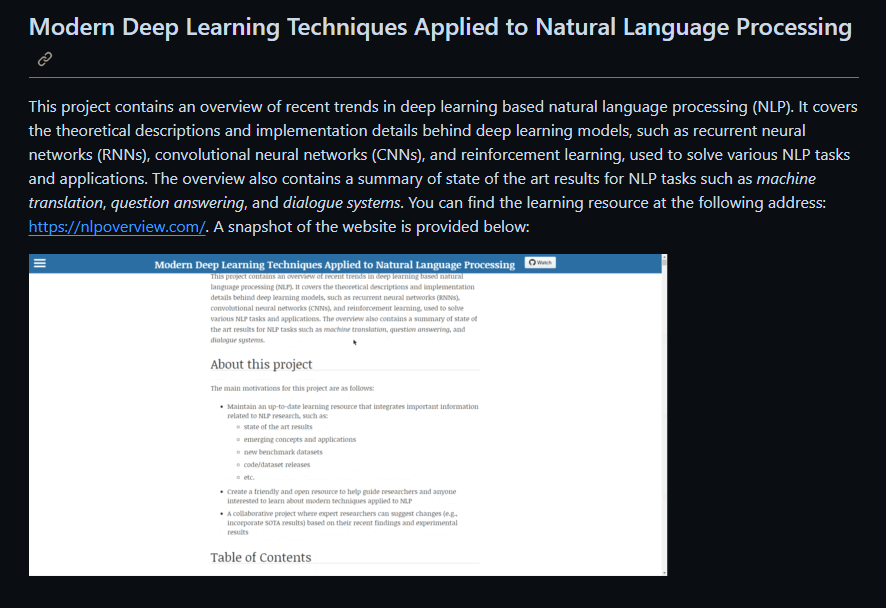 DanKornas's tweet image. 👉 NLP Overview

This project summarizes recent trends in deep learning for NLP, including models like RNNs, CNNs, and reinforcement learning. It also highlights the latest NLP task results.

🔗 github.com/omarsar/nlp_ov…