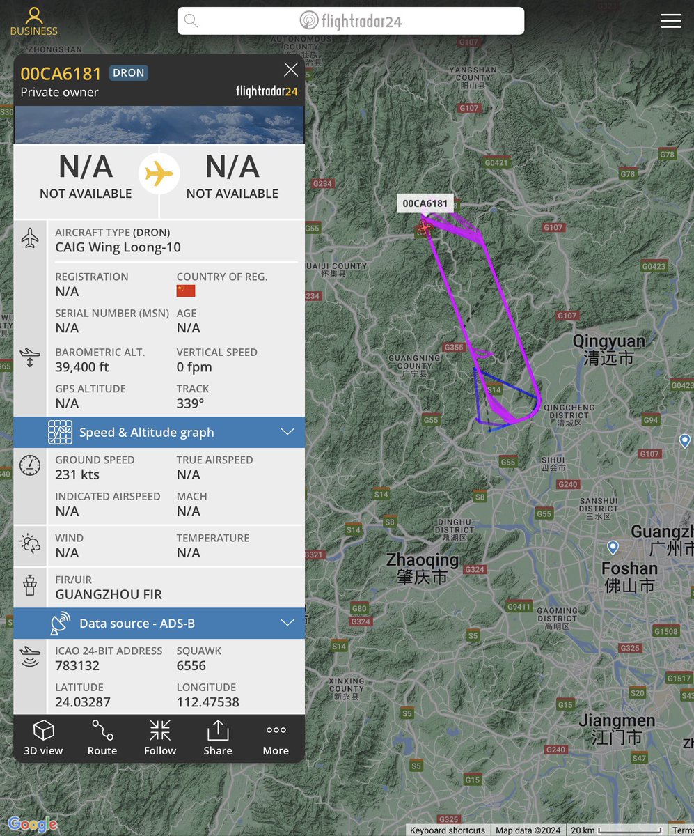 812Z_'s tweet photo. 🇨🇳 PLAAF/CAIG Wing Loong-10 #UAV “00CA6181” #783132 in the air now out of the Yangtang Li Air Base, n/of Meizhou, #China. Altitude 39,400’ at 231 kts. https://t.co/myaFxGx7DS