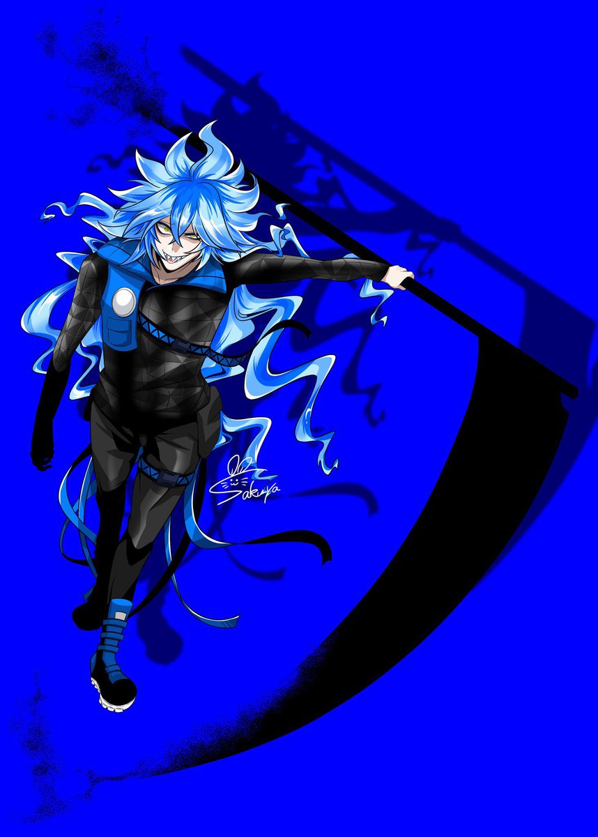 1boy long hair male focus blue hair blue background solo yellow eyes  illustration images