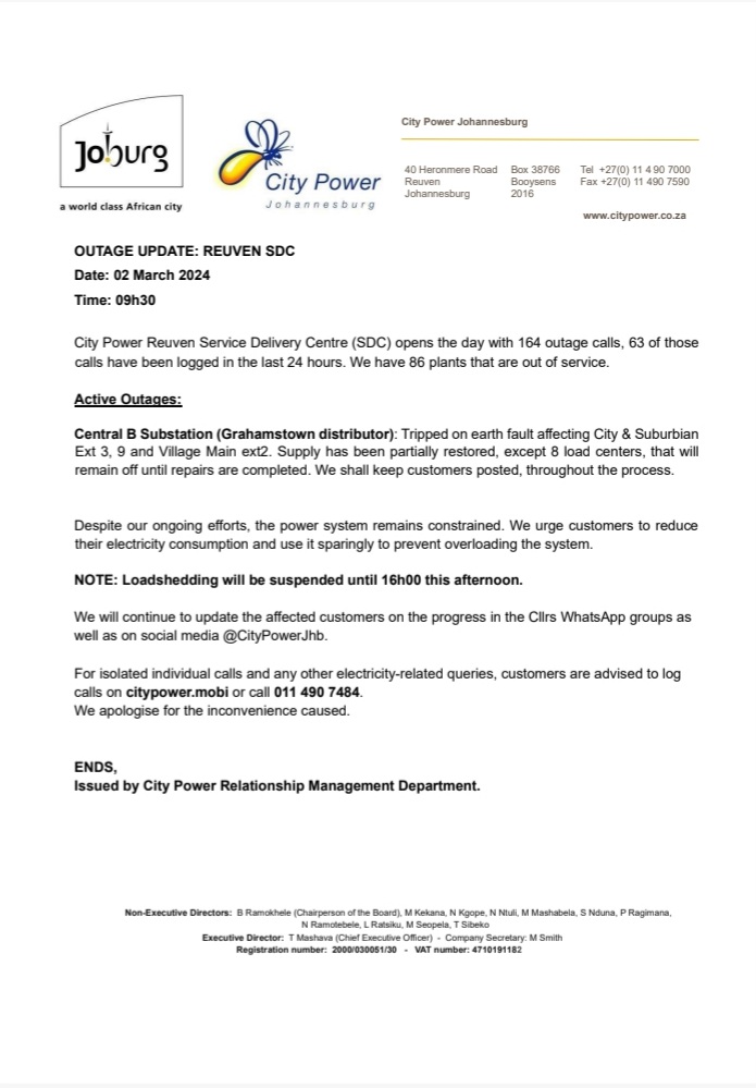 #CityPowerUpdates #ReuvenSDC

Please find herewith our opening report. Including #CentralBSubstation (Grahamstown distributor) update.^IM