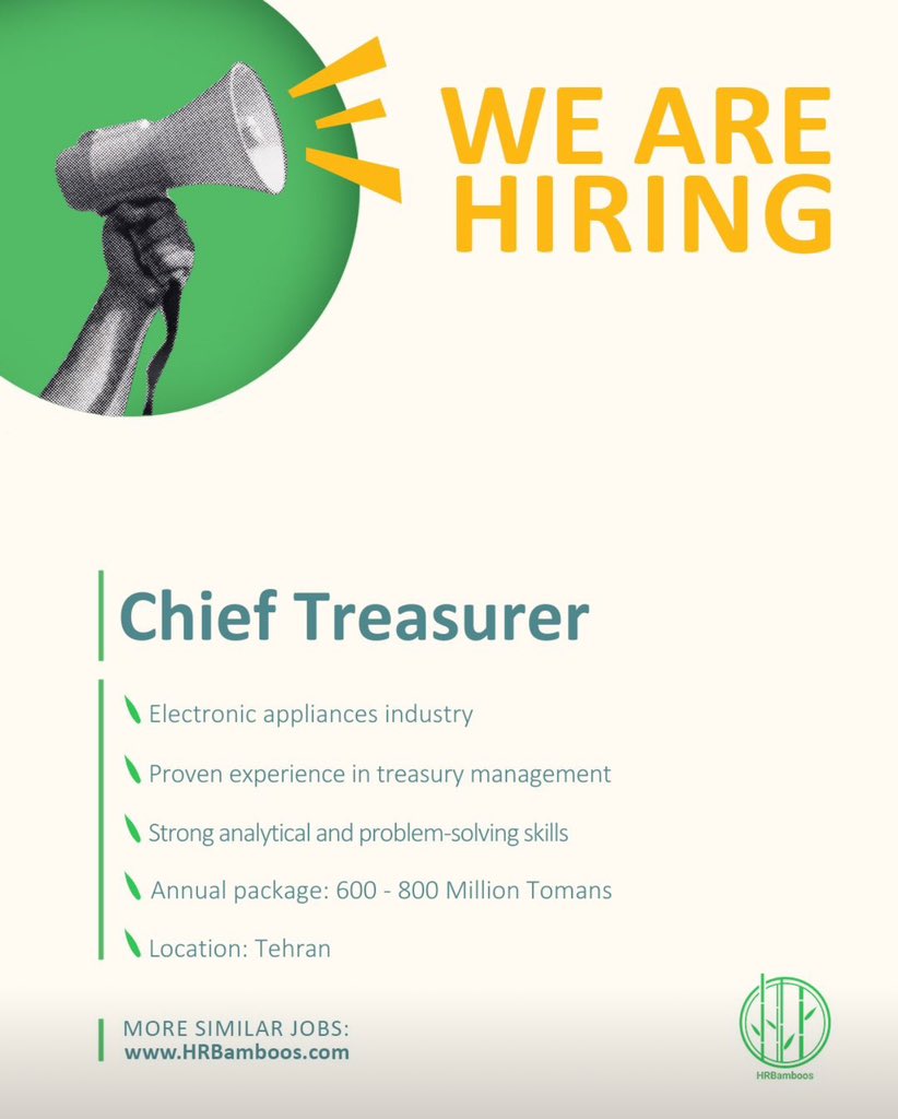 #موقعیت_شغلی
Chief Treasurer 

⬇️ جهت بررسی جزئیات و ارسال رزومه به وب‌سایت ما مراجعه کنید ⬇️
lnkd.in/dFdVTMvt

#hrbamboos #hiring #joboffer #HR #chieftreasurer #treasuryjobs #treasurer #financejobs #منابع_انسانی #job #استخدام