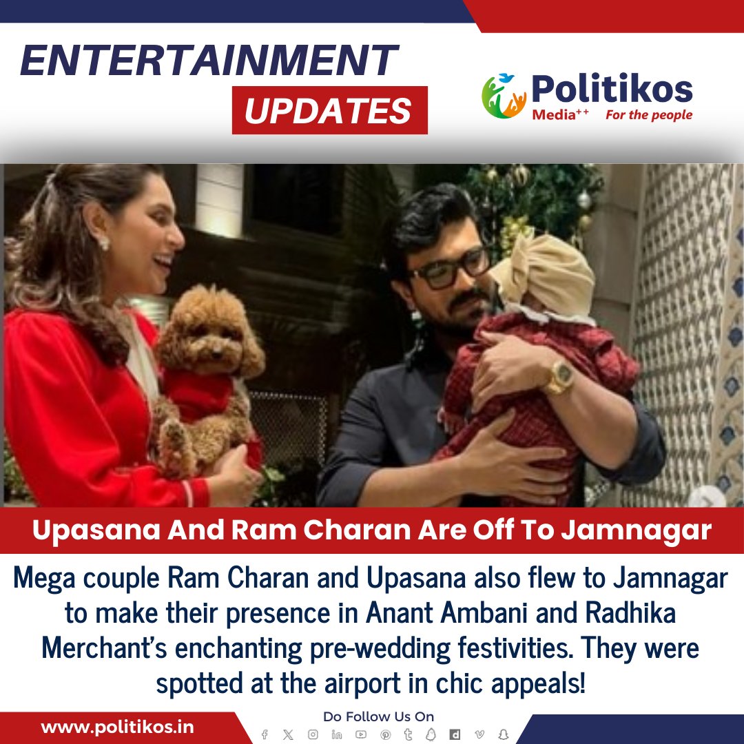 Upasana And Ram Charan Are Off To Jamnagar.
#politikos
#politikosentertainment
#UpasanaRamCharan
#TravelDiaries
#JamnagarTrip
#CoupleGoals
#VacationMode
#CelebrityTravel
#ExploringJamnagar
#AdventureAwaits