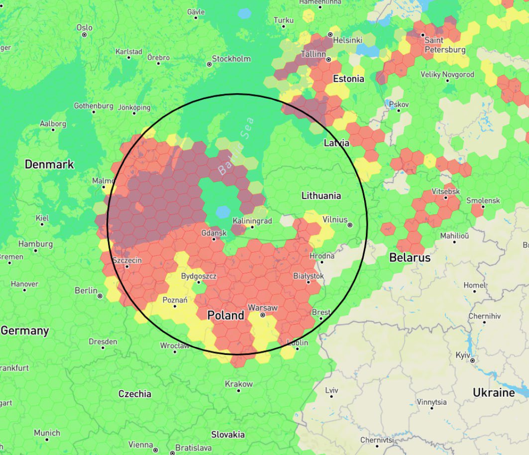 We are on hour 36 of this electronic warfare attack. Or month 3 if you so will.

Picture, Mar 1 averages. Overlay: theoretical max radio horizon of 425 km.