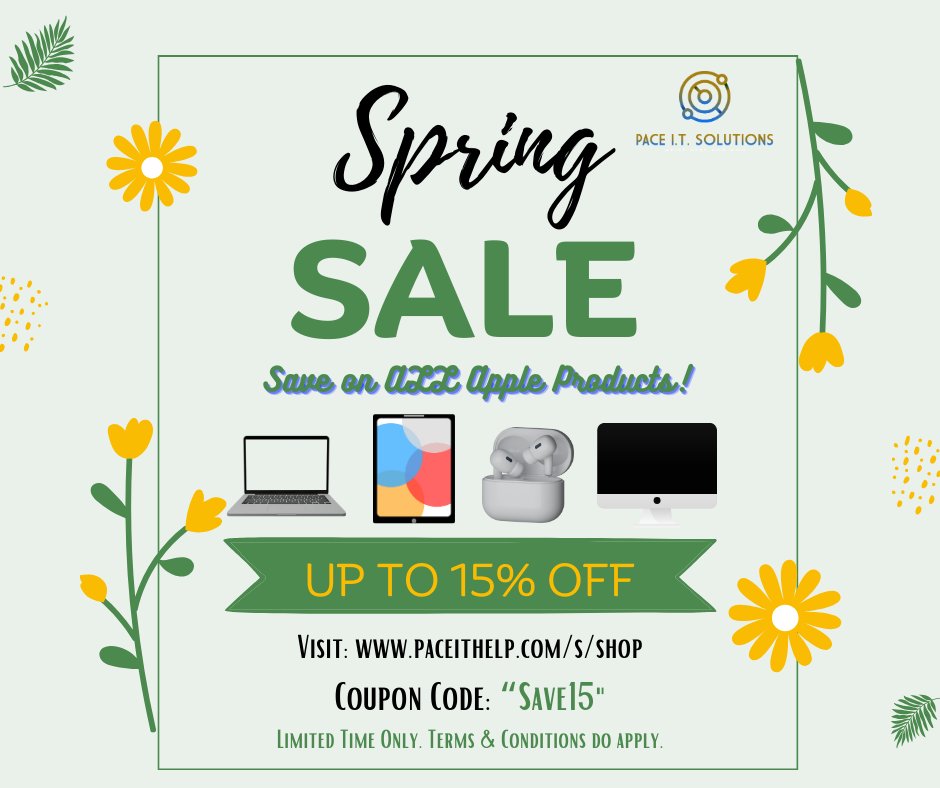 Paceitsolutions's tweet photo. Spring Forward with a New Apple Product! Do business more productively with a New iPad, Macbook Pro, or even a pair of Airpod Pros. https://t.co/F8U2PFkeOZ The perfect way to start Spring Shopping. #apple #mac #ipad #tech #business #ceo #boss #leader #sale #springsale https://t.co/rzYW5Tj5UD