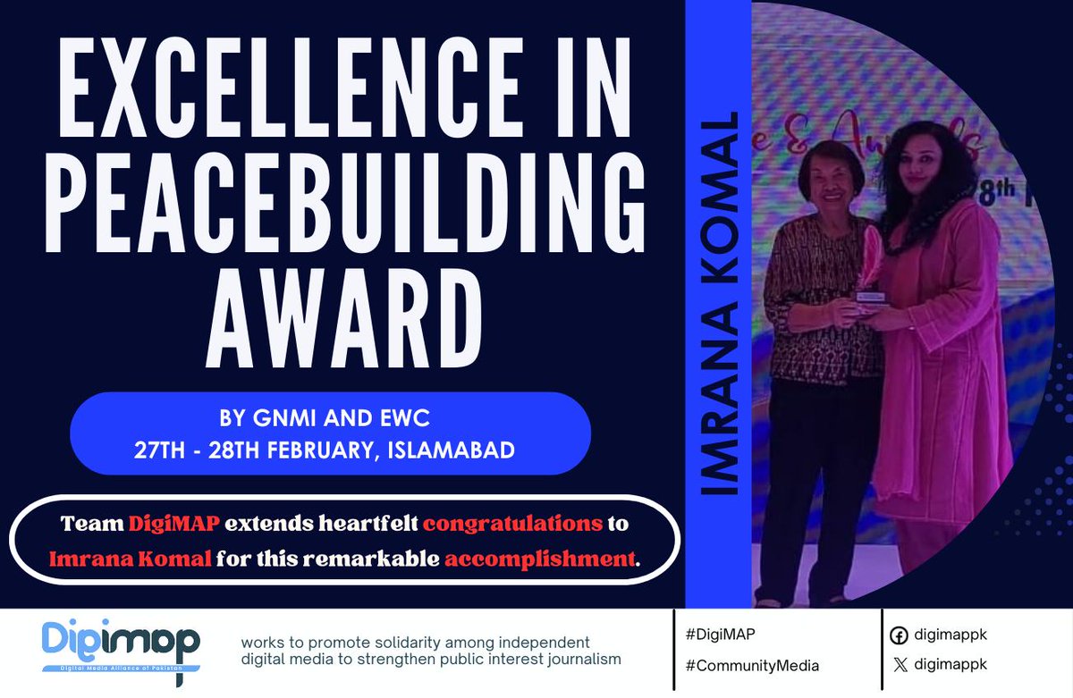 Congratulations to Imrana Komal for receiving the prestigious 'Excellence in Peacebuilding Award' from GNMI and EWC! As a dedicated digital media journalist & founder of Bunjaarun, her work advocating for women, minorities & peacebuilding is truly commendable.👏#AwardWinner