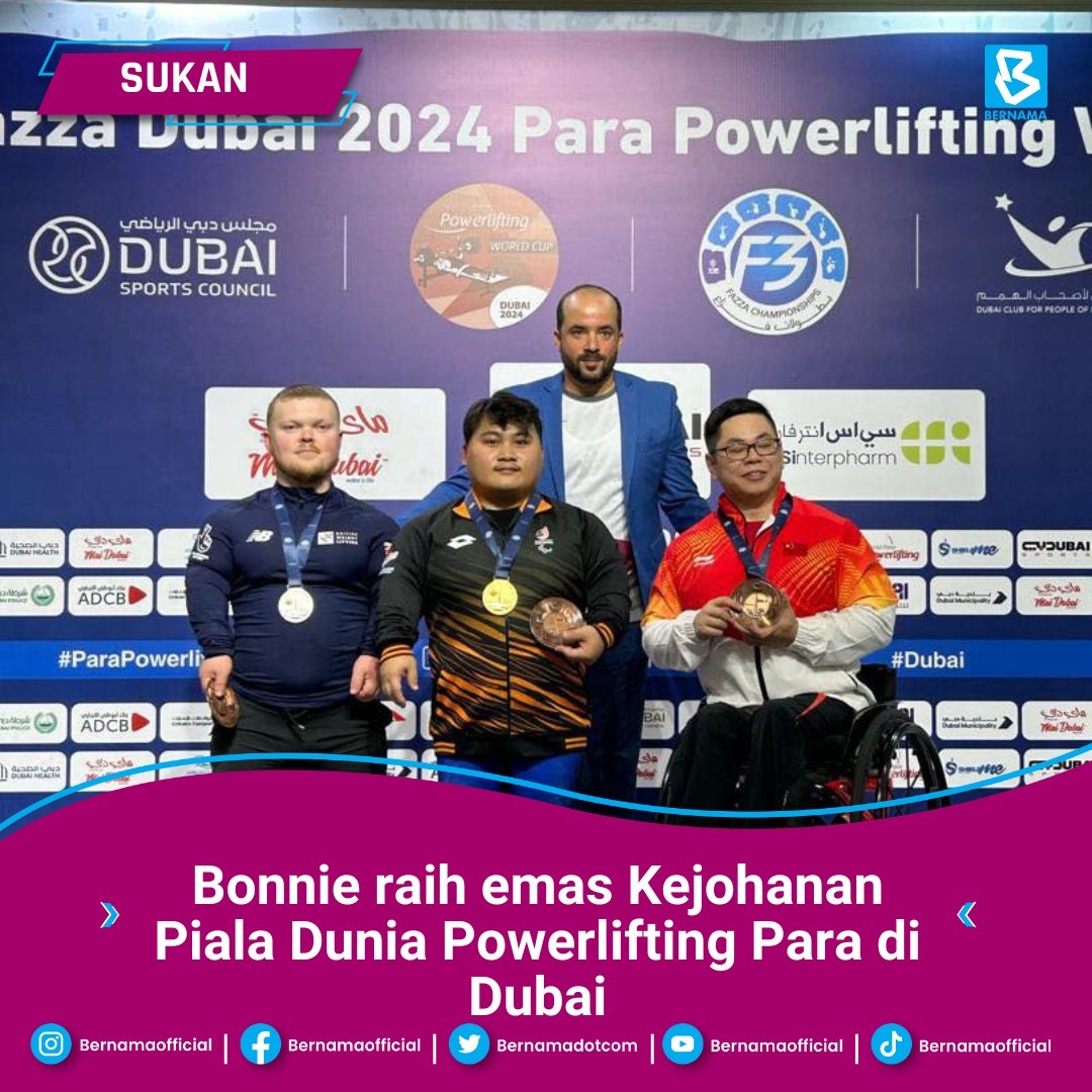 Bernama_Radio's tweet image. #Sukan : Jaguh powerlifting negara, Bonnie Bunyau Gustin sekali lagi mengharumkan nama Malaysia di persada antarabangsa apabila muncul juara pada Kejohanan Piala Dunia Powerlifting Para Dunia 2024 di Dubai.

bernama.com/bm/sukan/news.…
