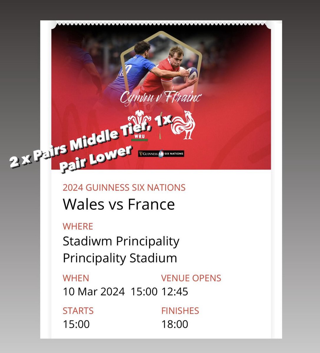 3 x Pairs of Wales v France tickets for sale. 2 x pairs Middle tier and 1 x pair Lower tier. Tickets are £115 and £105 each face value but I’m happy to sell for £100 each. DM for details 👍👍