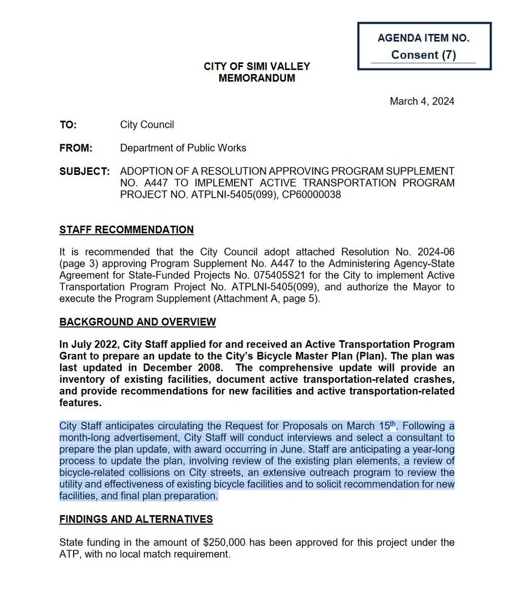 move_vc's tweet photo. Regarding Simi Valley's updated Bike Plan. "City Staff anticipates circulating the Request for Proposals on March 15th."

They state they anticipate awarding a contract in June, along with a year-long process of outreach and review to create the new plan.

https://t.co/C3EzsDUtMR https://t.co/QQ7Vm7cO9U