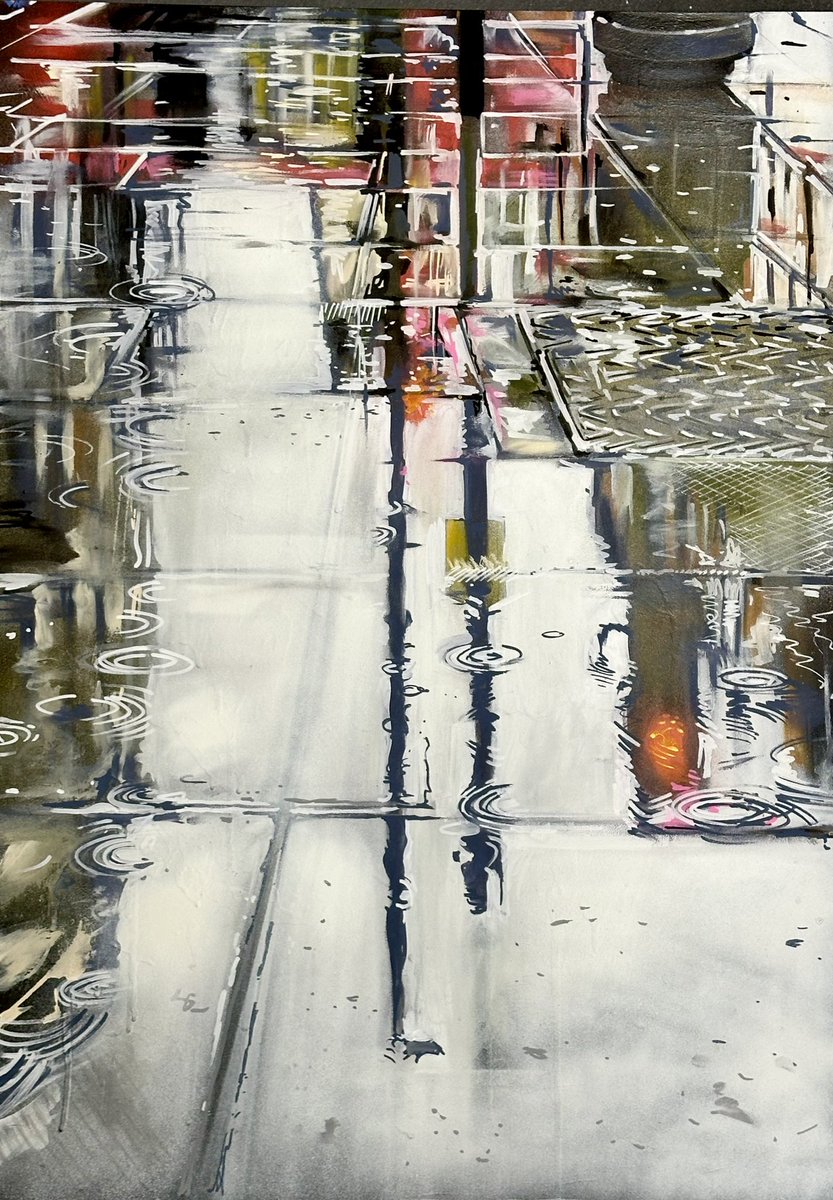 ‘London Puddles’ - acrylic and spray paint on wooden panel - based on photography I took in London whilst painting my epic mural @nyxhotellondon - currently available