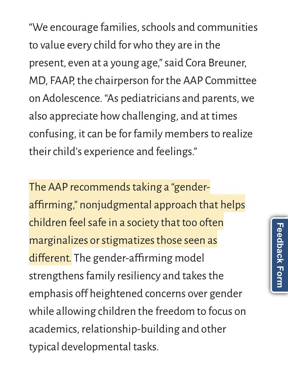 The <a href="/APA/">American Psychological Association</a> and the <a href="/WHO/">World Health Organization (WHO)</a> are also joined by the <a href="/AmerAcadPeds/">American Academy of Pediatrics</a> 

“The AAP recommends taking a gender affirming ‘non judgemental’ approach that helps children feel safe in a society that too often marginalises those seen as different”

#TransRightsAreHumanRights