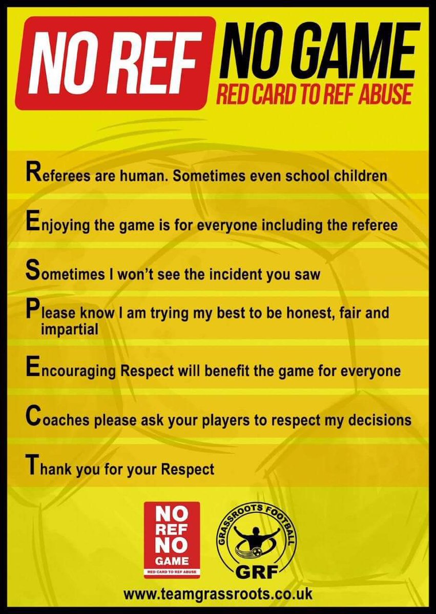 Teamgrassroots_'s tweet photo. Message from a Young Ref 

Dear Managers and Parents,

I'm a young referee now in my 4th season. Every weekend I’m told by managers there is a significant shortage for referees nationwide meaning games are being delayed or rescheduled. I speak to refs and they say, who would want to go into a job where you're insulted, abused and in rare cases assaulted? Unfortunately every referee makes mistakes and we apologise. However, you wouldn't hurl abuse at your players or child if they made a bad pass. Everytime we step onto that pitch we learn just like coaches and players. However, shouting wont change the referees' decision it will just make them think twice about stepping on a pitch again to referee. Leagues across the country are crying for referees. So just think, you are the role model of so many players on the pitch. They will always look up to you, let’s teach them respect which won't just stay on the pitch but they will also take off the pitch.

Just remember- Referees need to learn too! 

All the best for the weekend everyone. 

#teamgrassroots #GRF #grassrootsfootball