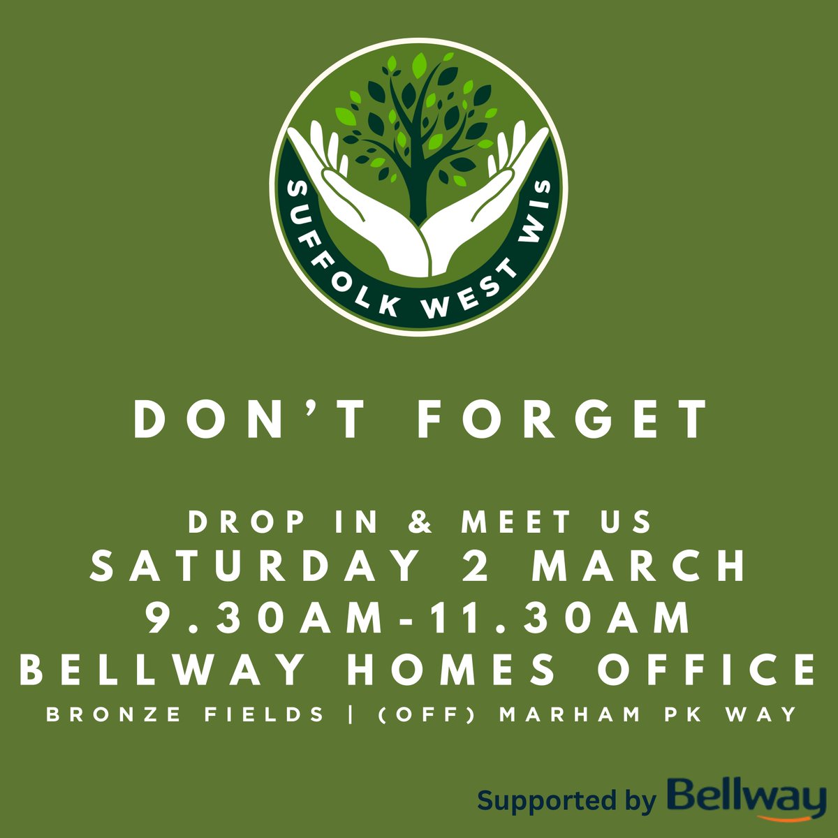 TODAY! 9.30-11.30AM. Suffolk West WI are taking over Bellway Homes Office on @MarhamPark to promote a brand new WI coming to the area! Drop in to find out more 💚 Repost to spread the word 💚 or tag a friend who might be interested!