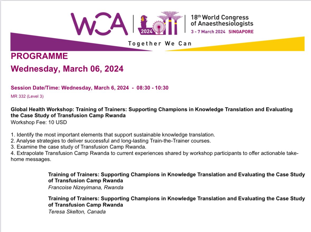 Thrilled to be headed to the 18th World Congress of Anaesthesiologists and to be sharing experiences on partnerships in transfusion medicine education with my co-collaborator  <a href="/Dr_Francoise1/">Nizeyimana Françoise, MD</a>. #wca2024 <a href="/wfsawca/">WCA2026</a> 
<a href="/Rwandanesthesia/">Rwanda Society of Anesthesia & Critical care_RSAAC</a> 
<a href="/RBCRwanda/">Rwanda Biomedical Centre</a> 
<a href="/PART_BCCH/">Pediatric Anesthesia Research Team (PART)</a> 
<a href="/BCCWH_Global/">The Institute for Global Health (IGH)</a> 
<a href="/CAS_IEF/">CAS IEF</a>