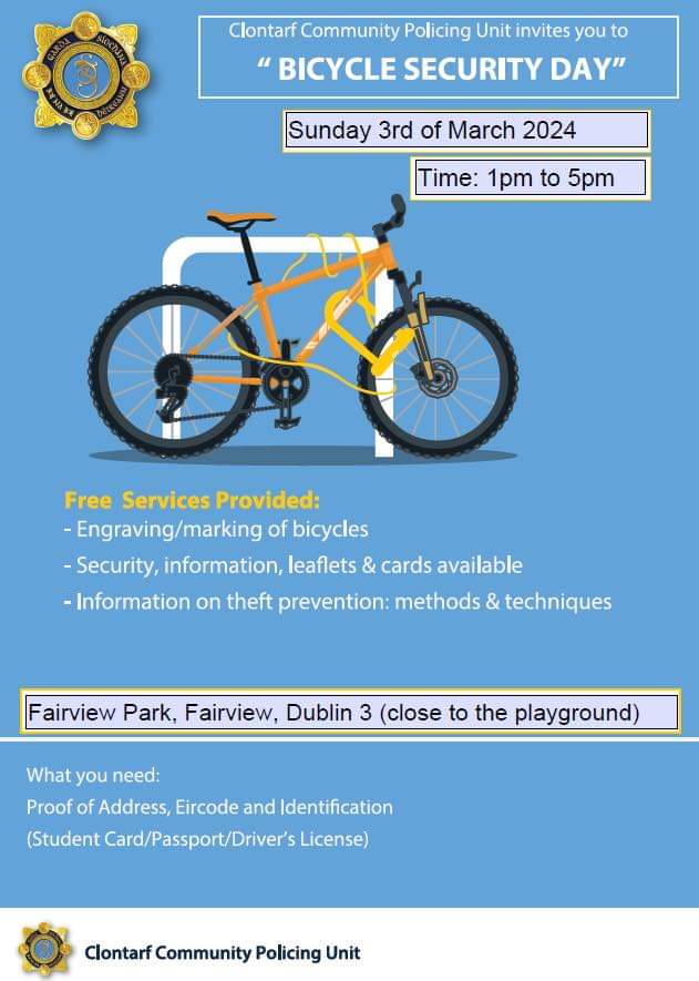 Get your eircode engraved on your bike for free! This event, organised by <a href="/GardaTraffic/">An Garda Síochána</a> , is on between 1pm and 5pm tomorrow, Sunday 3rd March, beside the playground in Fairview Park. Just bring proof of address and ID. Under 18s should be accompanied by a parent or guardian. 🚴