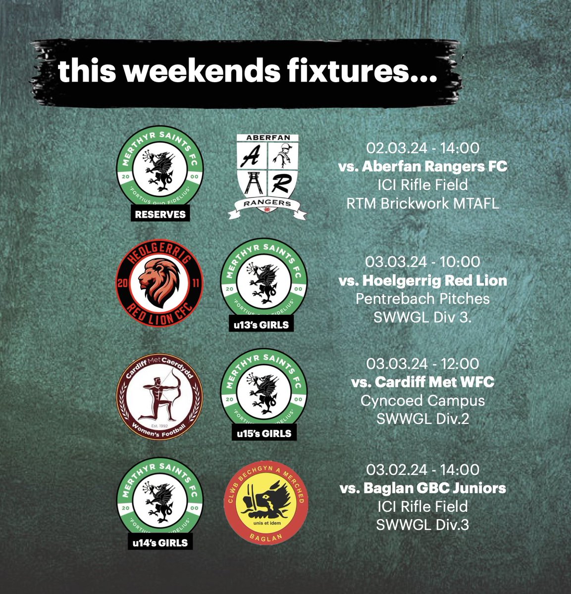📆 FIXTURES FOR 2nd &amp; 3rd March 2024

Another week with no game for the first team.