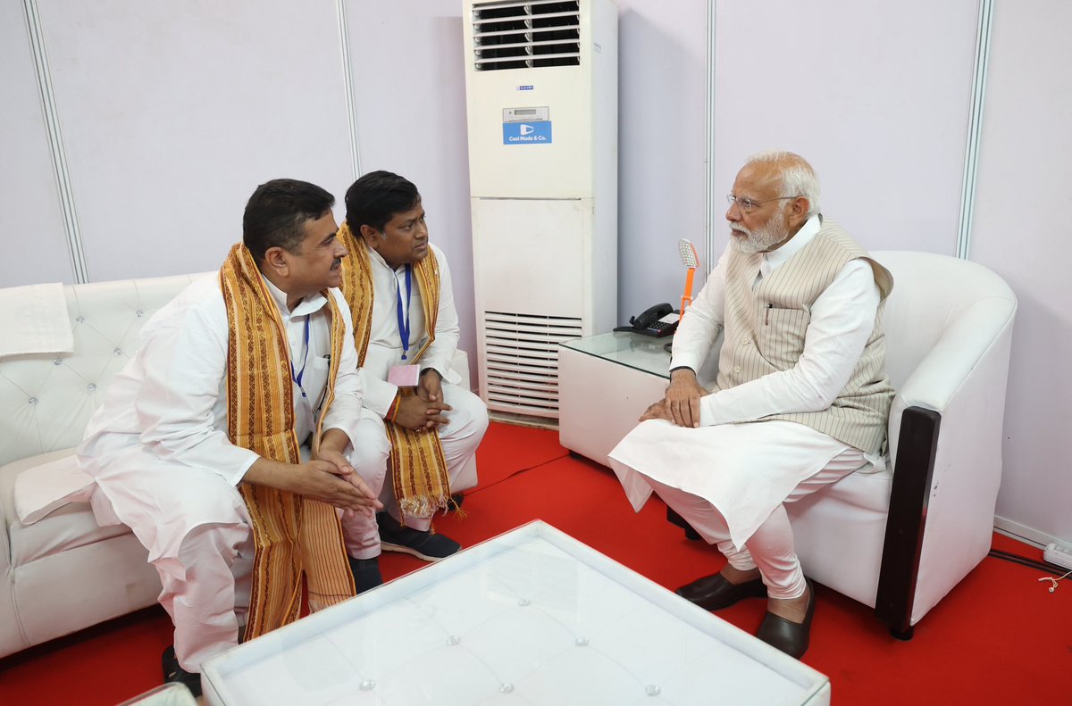 Prime Minister Narendra Modi tweets "Met Suvendu Adhikari and Sukanta Majumdar. We discussed ways to further spread our good governance agenda among the people. I applaud each and every BJP worker for