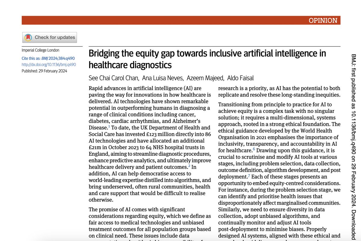 The effectiveness of AI systems hinges on the calibre of the data they are built on. If newer AI tools can demonstrate lesser bias than human decision-makers, they represent a significant leap towards equity. @Azeem_Majeed @carolchancarol bmj.com/content/bmj/38…