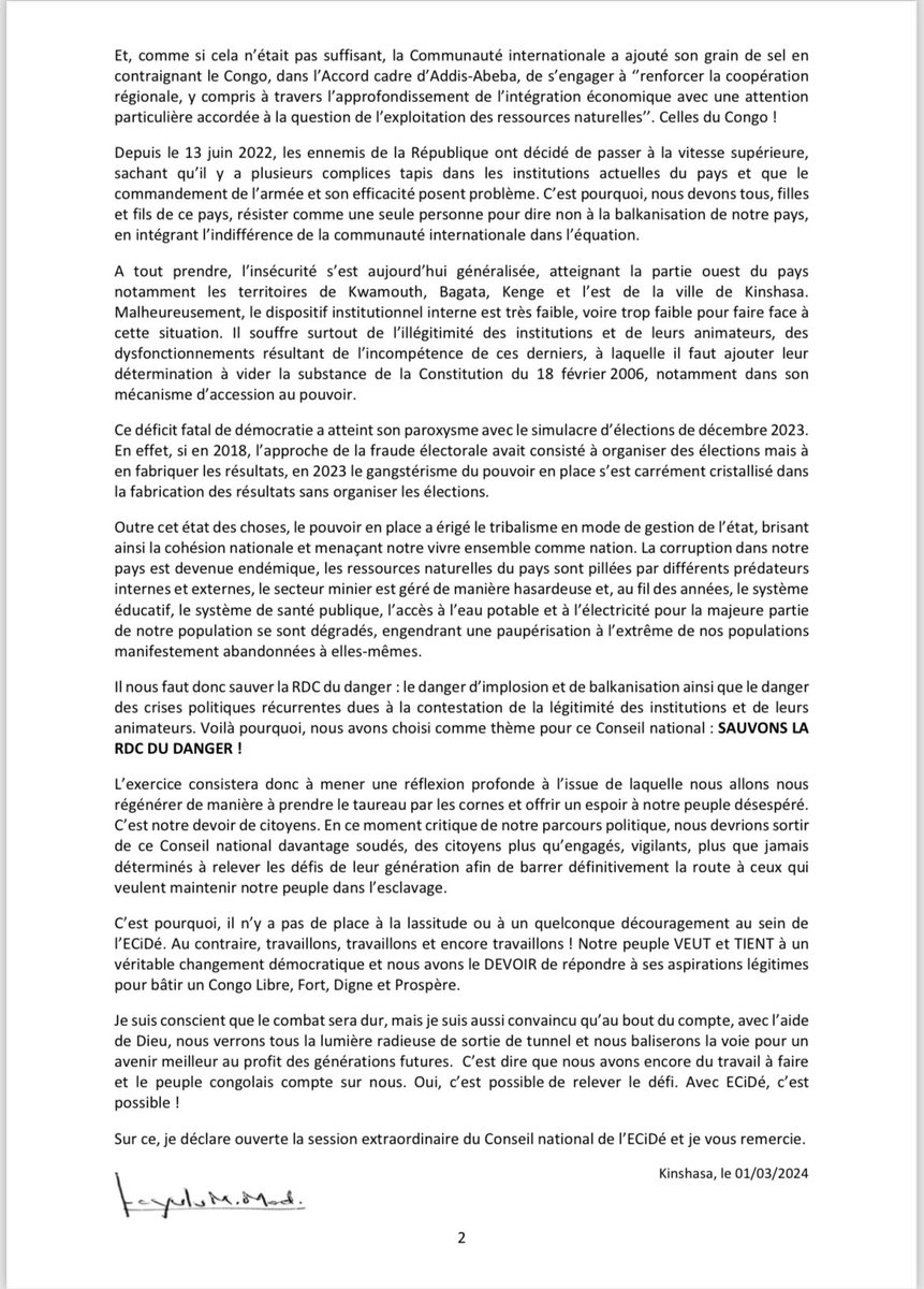 Conseil National de l’ECiDé 2024. « Sauvons la RDC en danger ! » « L’exercice consistera donc à mener une réflexion profonde à l’issue de laquelle nous allons nous régénérer de manière à prendre le taureau par les cornes et offrir un espoir à notre peuple désespéré. »