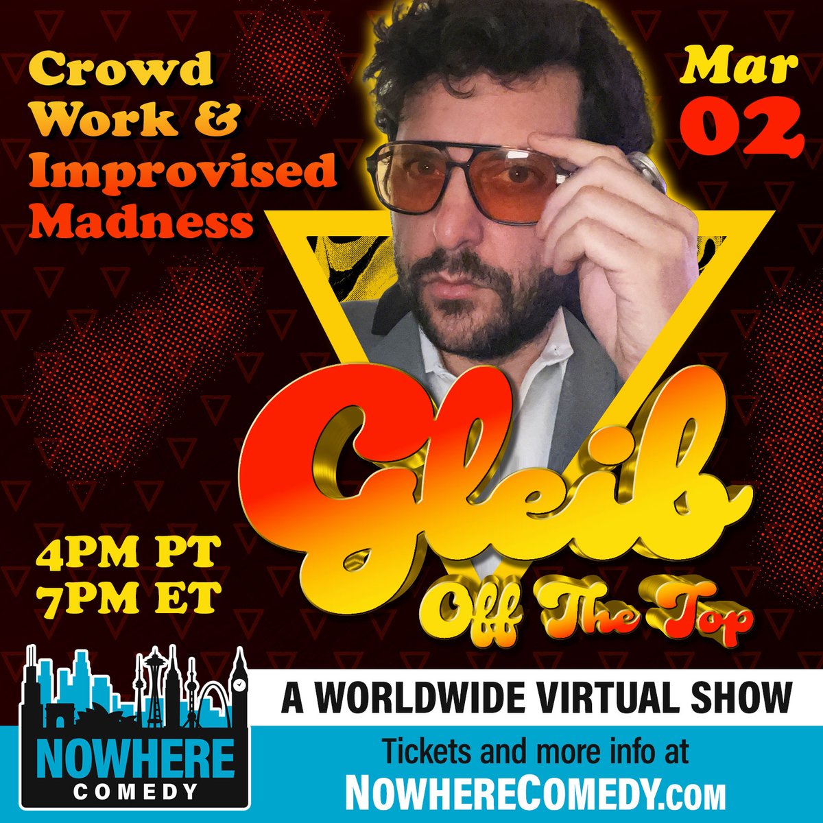 Catch 'Gleib Off the Top' with @bengleib at 4PM PT/7PM ET! Expect a thrilling improv journey and VIP Meet & Greet. Lauded by TBS and known for 'Idiotest', tonight promises unmatched comedy and surprises. Don’t miss out! Join us at NowhereComedy.com