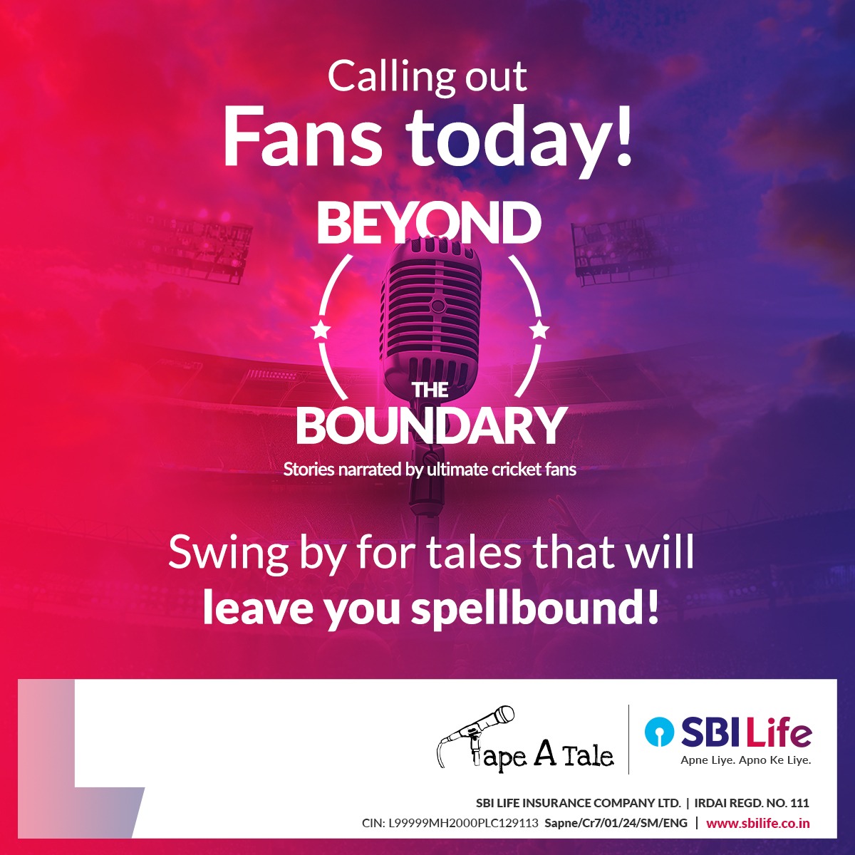 It’s official! Beyond The Boundary 2024 kicks off at 7 PM today 🔥

Registration starts at 6:30 PM. See you there! 🎉

@tapeAtale #tat #Storytelling #SpokenWord #CricketTales #CricketStories #SportsNarratives #CricketCommunity  #SBILife #ApneLiyeApnoKeLiye