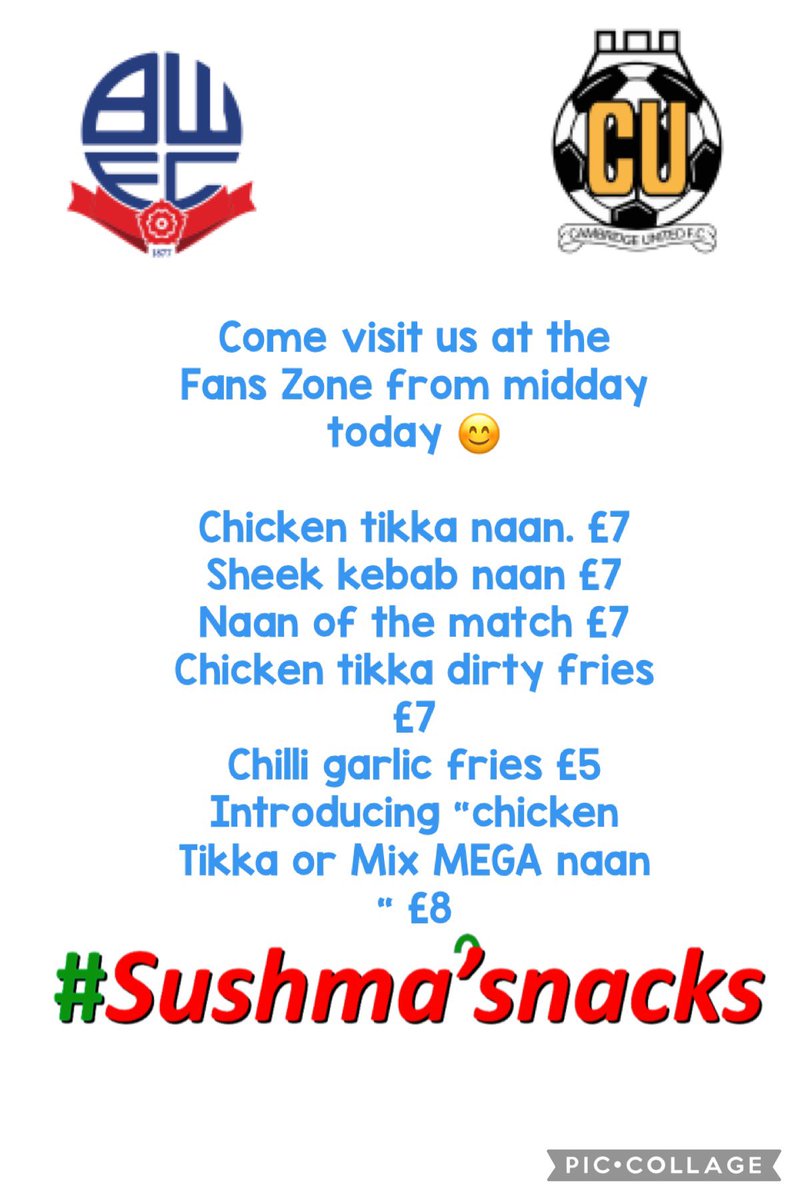 See you all later @OfficialBWFC Fanszone from midday today ! @OfficialBWITC @BWFCST @BWFC_Tickets #sushmasnacks #chickentikkadirtyfries #naanofthematch