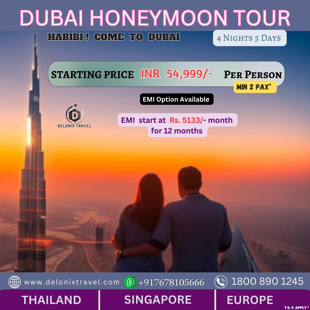 🌴 “𝐋𝐨𝐯𝐞 𝐁𝐥𝐨𝐨𝐦𝐬 𝐢𝐧 𝐃𝐮𝐛𝐚𝐢” 🌴
👫 Unforgettable honeymoon packages in Dubai promise romance, luxury, and adventure. 🌟

𝗕𝗼𝗼𝗸 𝗡𝗼𝘄 𝗧𝗼𝗱𝗮𝘆!
.
.
#delonixTravel #DubaiDreams #HoneymoonGoals  #LuxuryEscapes  #SunsetMagic  #CityOfGold  #DesertLove #CruiseLife