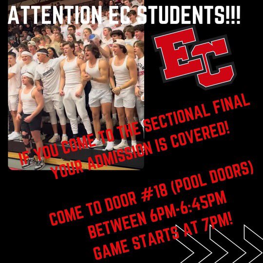 ECBoysBBall's tweet photo. ATTENTION!!! @ECstudentsec
Boys Sectional Final 🏀 🏆 
EC Student Admission FREE 🎟️ 
Must Use Door #18 (Pool Entrance) Between 6-6:45 🚪 💦 
Must Be CURRENT @EastCentralHS Student 📚 💻 
Admission Covered for Supporting @ECBoysBBall &amp; Being Loud 📢
#WeAreEC #TrojanNation https://t.co/fK8OGw1cyh