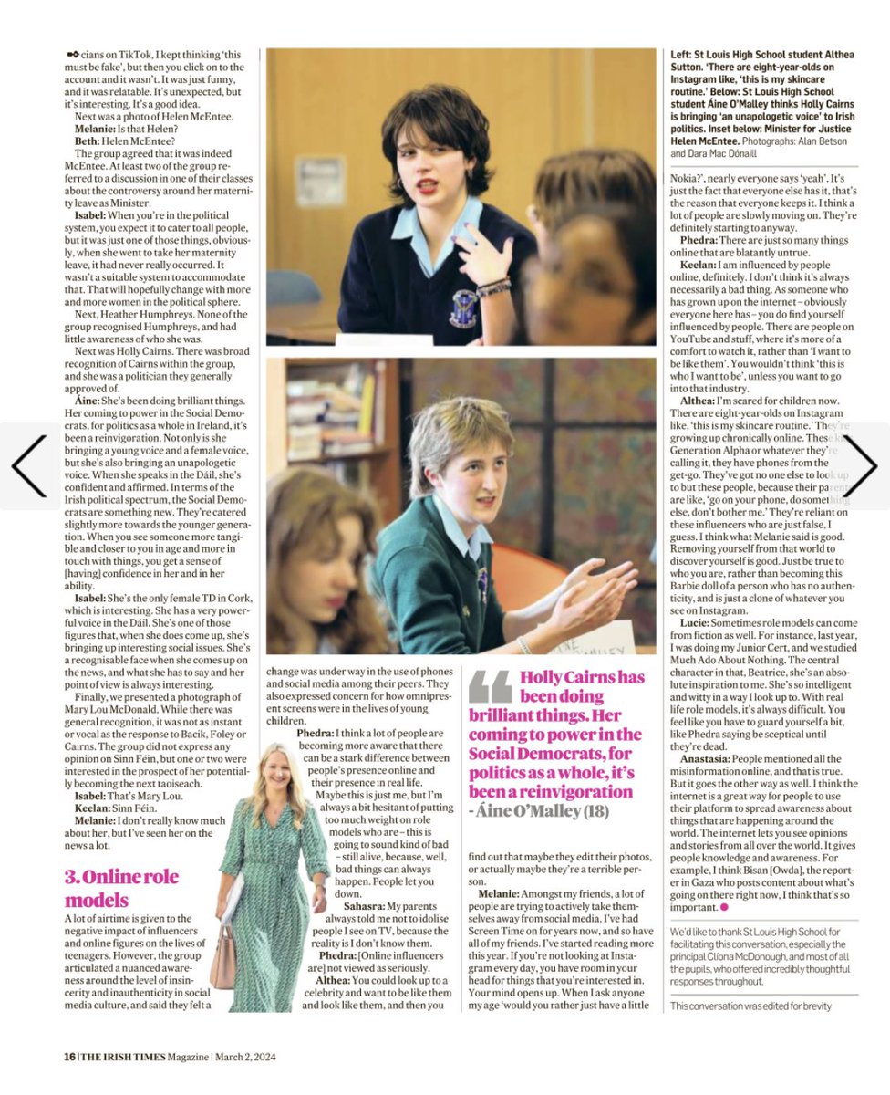 Irish Times journalist @UnaMullally spoke with SLHS students in advance of Women’s international day.They shared their opinions on public, Irish politics and online role models. Well done to all who contributed.Article featured in IT magazine Sat 2 Mar. @StLouisSPS @presterenure