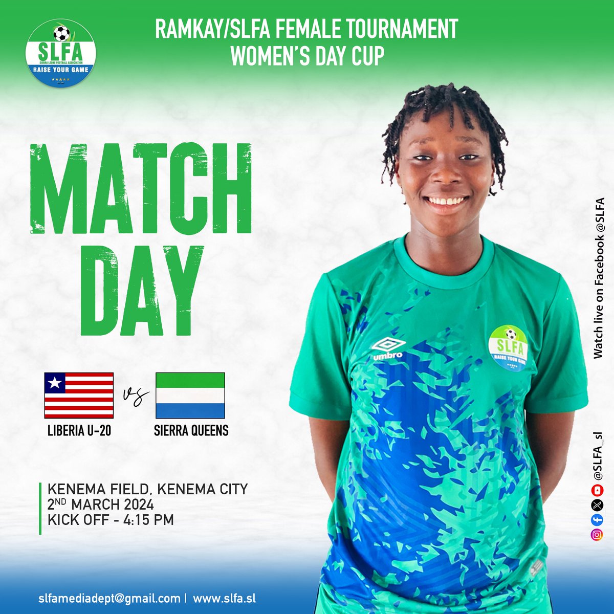 Exciting match-up today as the Sierra Leone National senior female team takes on Liberia U20 in the Women’s Day Cup at the Kenema City Field! Let's celebrate the power of women in sports and cheer for our ladies. Good luck to the team🙌🏾 #WomensDayCup #WomenInSports