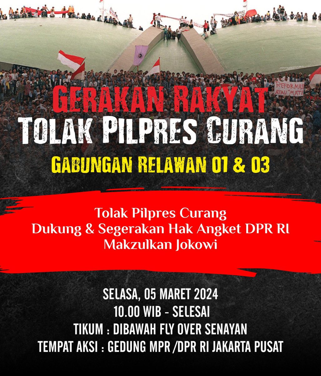 UNDANGAN TERBUKA 5 MARET. 

GERAKAN RAKYAT TOLAK PEMILU CURANG ‼️

#DukungHakAngketDPR
#MakzulkanJokowi