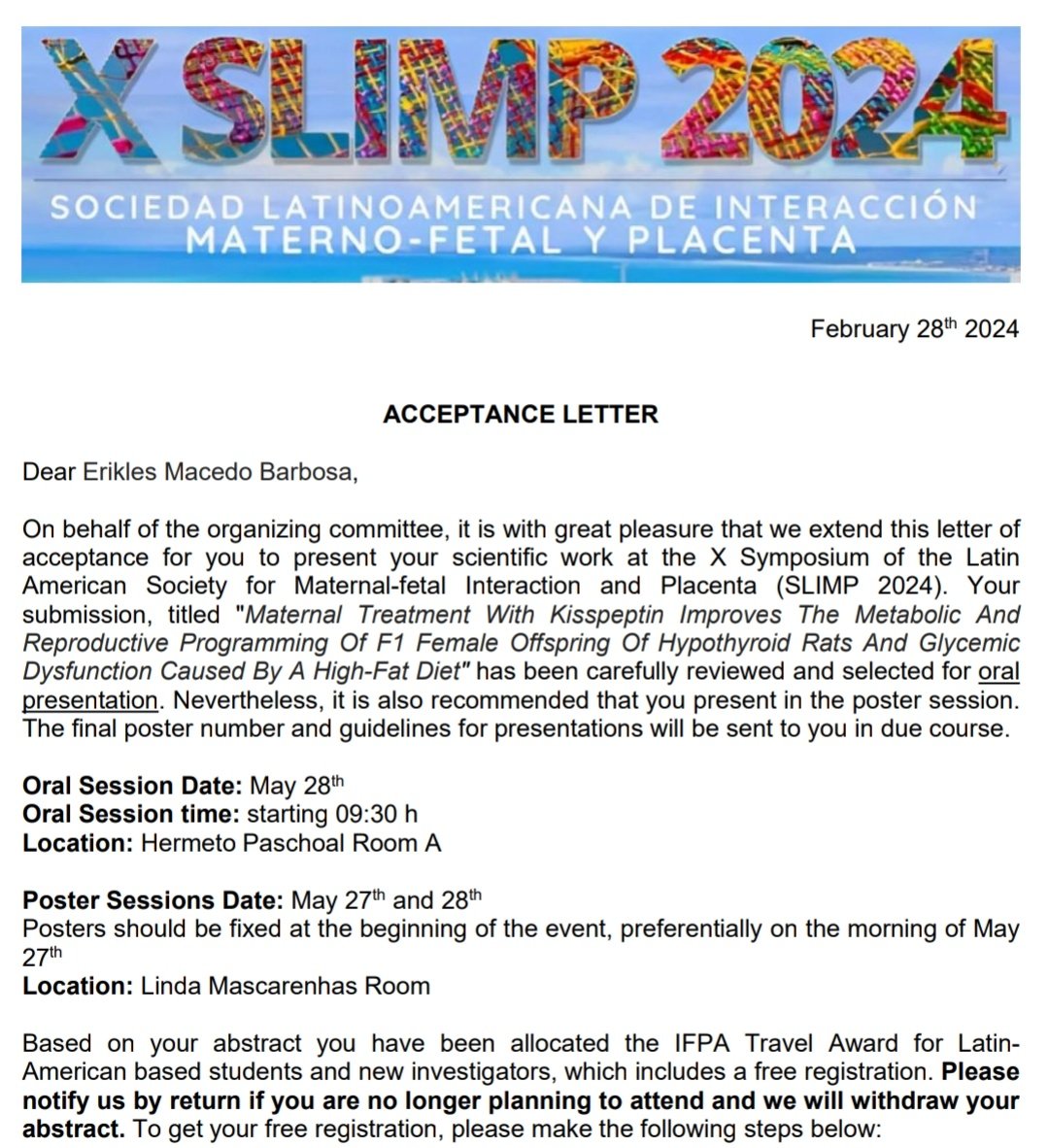 barbosa_erikles's tweet image. Next stop SLIMP 2024
I'm so grateful for the recognition my research has received and at the same time excited about what the future holds.
Thank you so much @Slimp_org for this travel award!