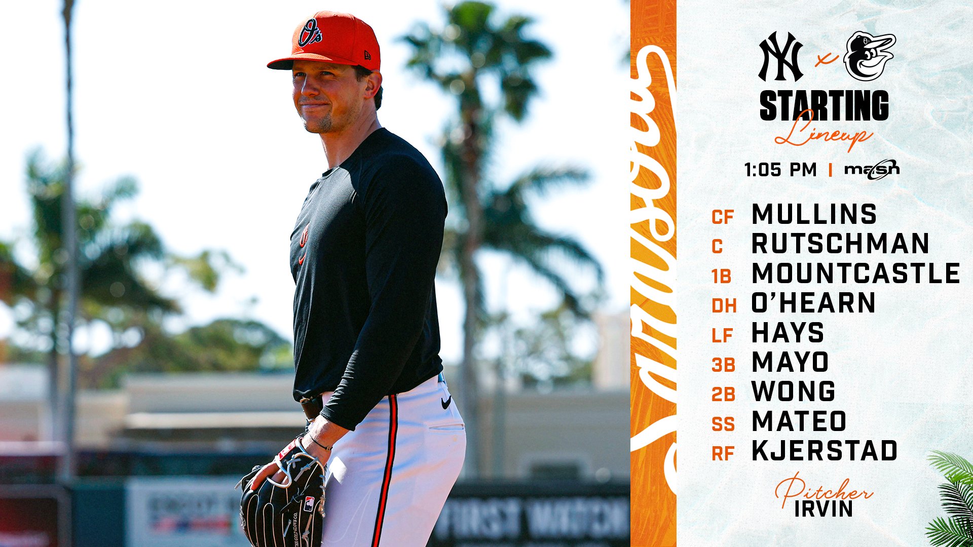 Yankees at Orioles | O’s Starting Lineup | 1:05 p.m. | MASN  CF - Mullins C - Rutschman 1B - Mountcastle DH - O’Hearn LF - Hays 3B - Mayo 2B - Wong SS - Mateo RF - Kjerstad P - Irvin  The graphic features an image of Rutschman standing and looking to his side.