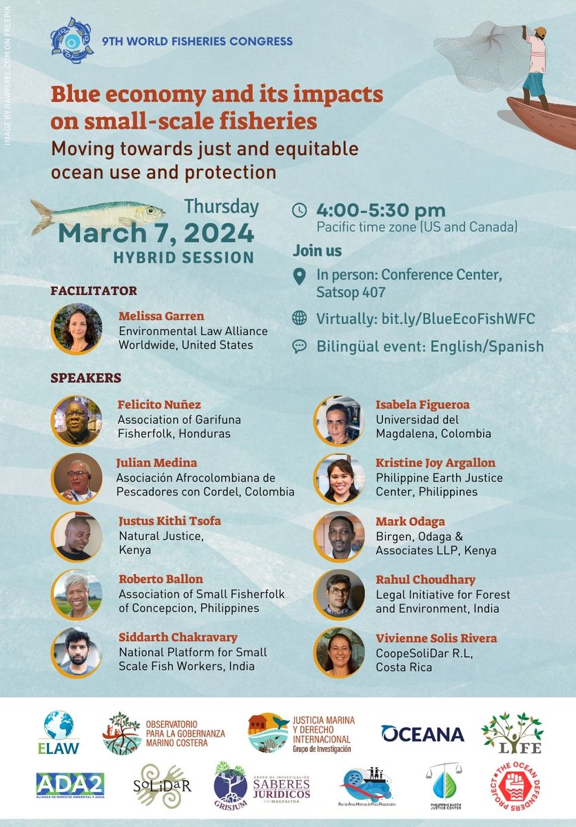 2️⃣🐠 Learn from diverse speakers about the impacts of #BlueEconomy and how a justice-minded lens can improve policy, #science, and livelihoods in small-scale fisheries. #Fisheries #ELAWMarineWorkingGroup #SDG14 #WFC #WFC2024