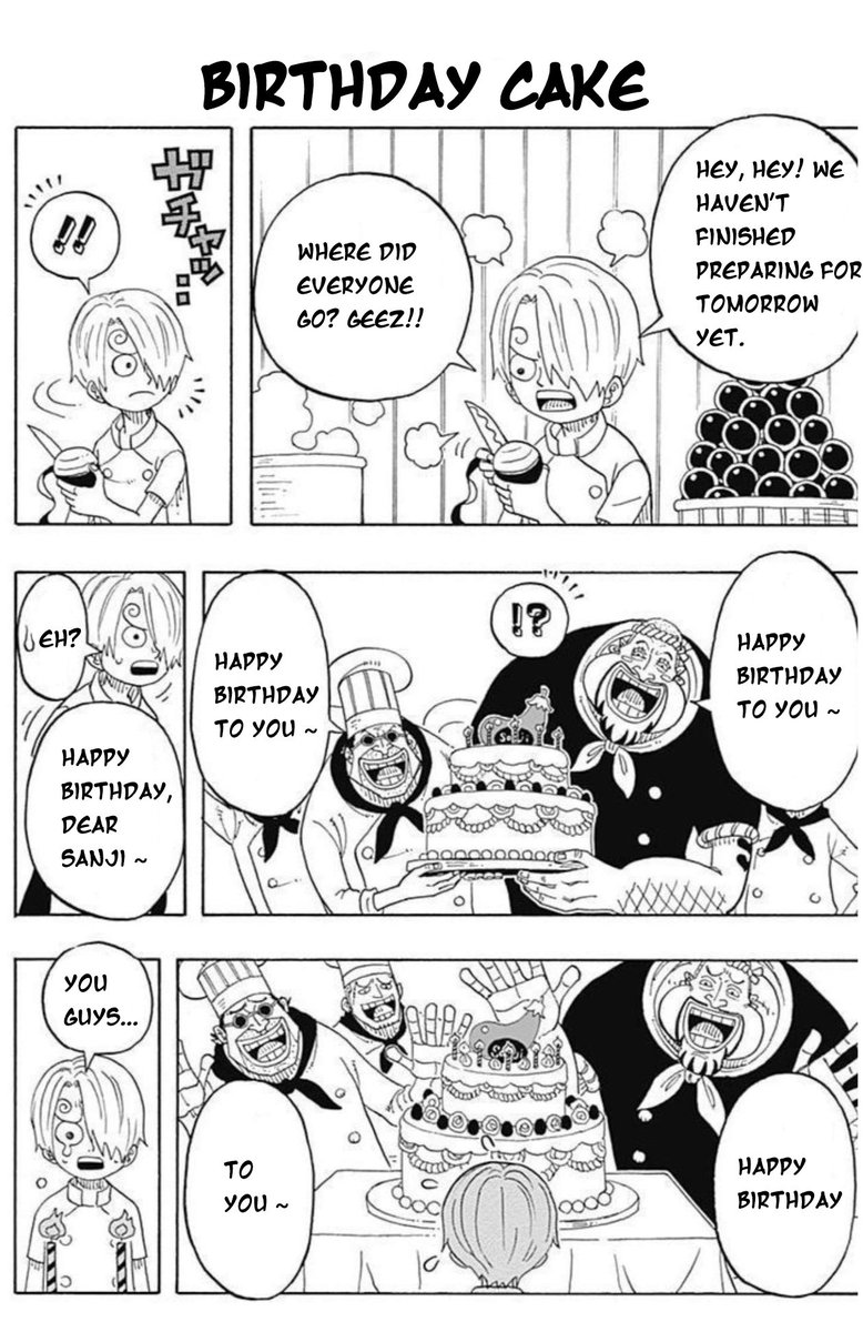 ichigoginchan's tweet image. this short comic of patty, carne, and zeff surprising sanji with a birthday cake means the world to me 🥹💛
