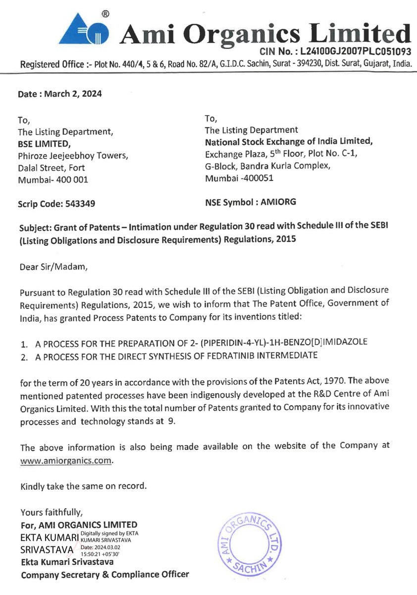 Ami Organics - The Patent Office, Government of India, has granted Pracess Patents to Company for its inventions titled:

1A PROCESS FOR THE PREPARATION OF 2- (PIPERIDIN-4-YL)-1H-BENZO[D]IMIDAZOLE 

2. APROCESS FOR THE DIRECT SYNTHESIS OF FEDRATINIB INTERMEDIATE

#amiorganics
