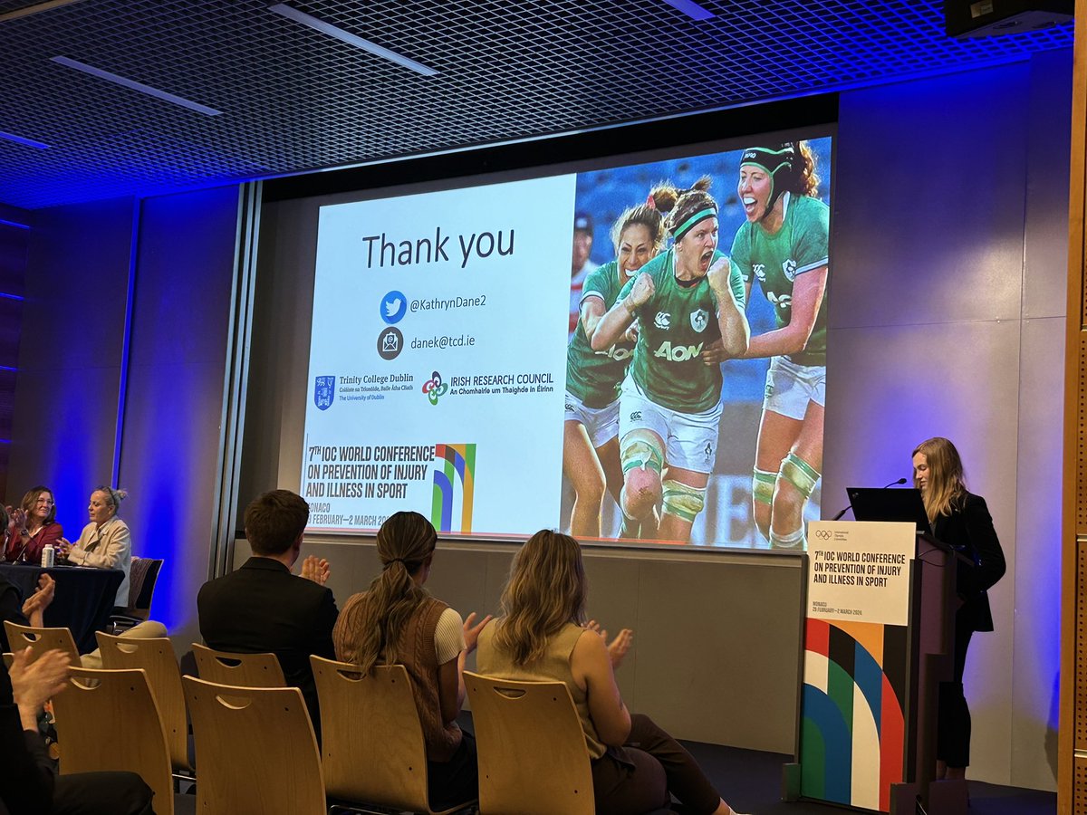 Congrats @KathrynDane2. Brilliant presentation on female athlete experiences of tackle injury in women’s rugby 👏 @FionaWilsonf #MonacoConference2024