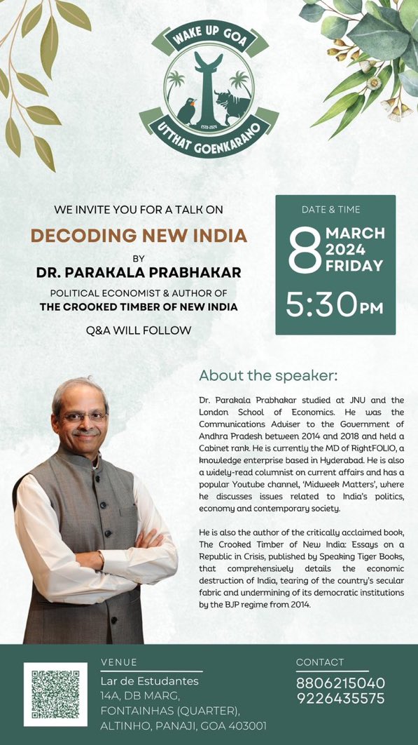 It will be interesting to listen to noted economist , author @parakala speaking in #Goa on the 8th of March. Thanks to @WUGUtthat for the initiative.